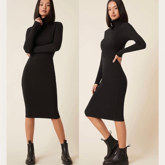 New High Neck Solid Bodycon Dress Black Long Sleeve Below Knee Midi CottonPencil - Picture 13 of 13